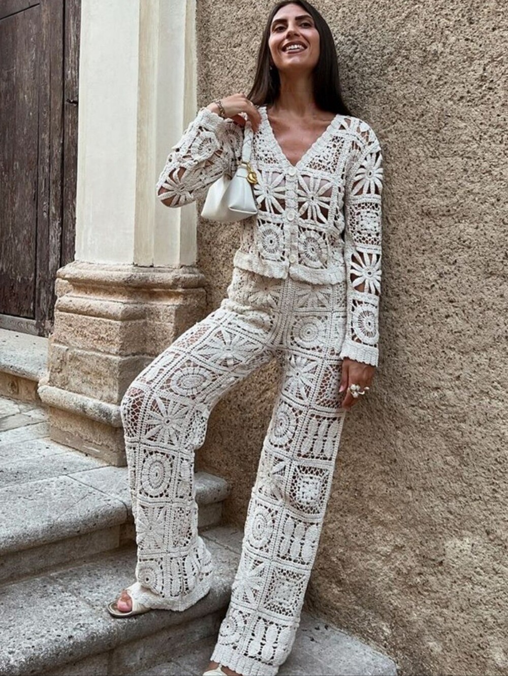 Crochet Flower Patchwork Cardigan & Wide Leg Pant Set Natural Cream Ivory Sz XL